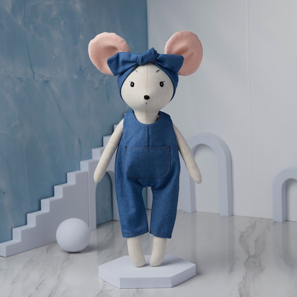 Handmade Linen Mouse Doll With Overalls - Fabric Mouse Doll 16inches 40cm / Soft Doll Nature Linen Fabric, Gift for Children