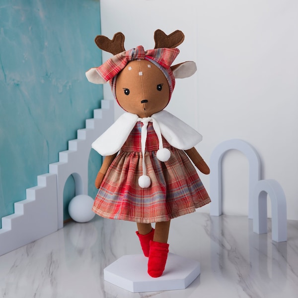 BIG SIZE Fabric Linen Deer Doll With Christmas Dress (Dress + Capes) - Linen Toy 16 inches 40cm, Plushies Heirloom Doll, Handmade Deer Doll