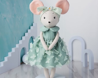 Stuffed animal the mouse doll with dress, heirloom baby doll, handmade toy, gift for children, Safe materials for babies, linen mouse doll