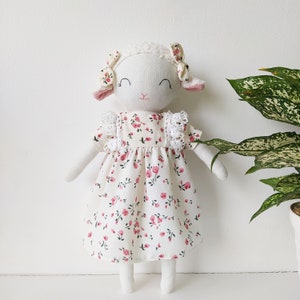 Handcrafted sheep doll with dress / Handmade natural linen fabric stuffed animal toy for kid / Great gifts