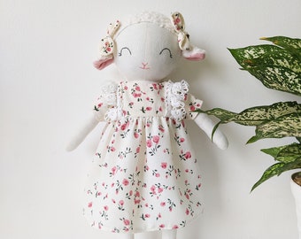 Handcrafted sheep doll with dress / Handmade natural linen fabric stuffed animal toy for kid / Great gifts