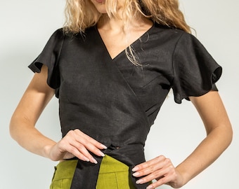 Black summer top  CADIZ - Сropped wrap linen top -  Top with a crossover - Top with flutter sleeves.