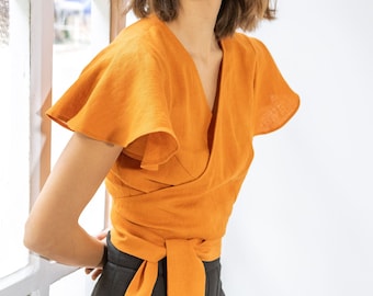 Orange summer top  CADIZ - Сropped wrap linen top -  Top with a crossover - Top with flutter sleeves.