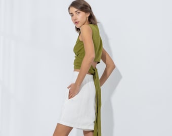 Moss green linen top RIBES - Cropped top - Wrap linen top - Sleeveless linen top -  Top with a crossover - Top with V-neckline - Summer top.