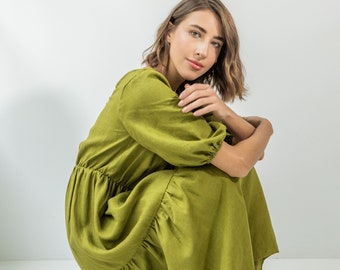 GIRONA moss green midi dress - Relaxed linen dress - Dress with puff sleeve - Green dress - Maternity dress.