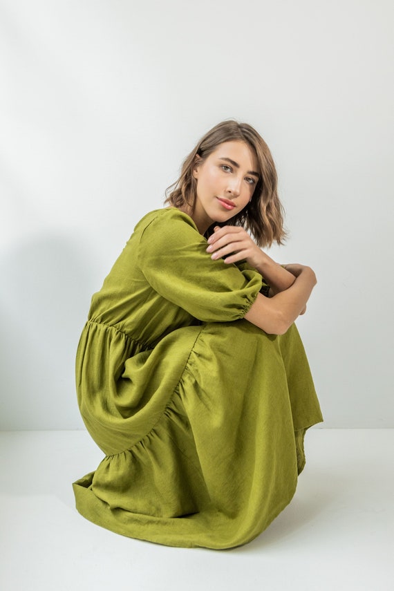 Moss Green Linen Midi Dress GIRONA - Bohemian Linen Dress - Dress With Puff  Sleeve - Maternity Dress - Cocktail Dress - Cottagecore Dress. - Etsy Hong  Kong