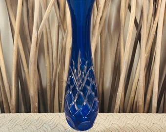 Bohemian Style Glass Cut to Clear Cobalt Blue Pedestal Flower Bud Vase. Vintage
