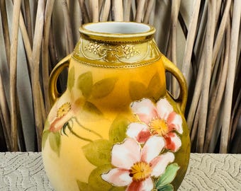 Antique Hand Painted Wild Rose Design Nippon Vase With Handles. 1891-1921