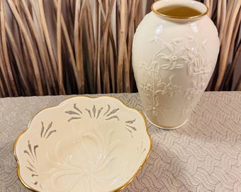 Lenox Ivory Porcelain Vase And Reticulated Bowl 24k Gold Rims. Crafted In United States.