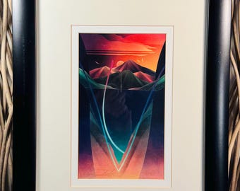 Dean Lauderdale Signed Acrylic on Mylar: Red Sunset Landscape Art (Framed)