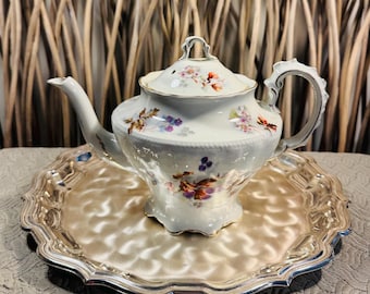 Floral Tea Pot With Vented Lid, Gold Trim By Staffordshire. Vintage England.
