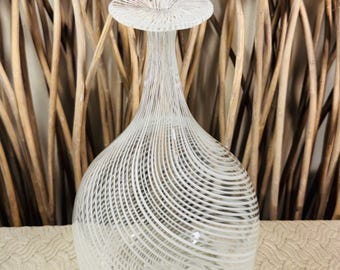 Mid Century Murano White Mezza Filigrana Glass Vase, Italy. Height 11”.