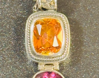Lori Bonn Sterling Silver Two Stone Slide Pendant: Orange Cushion Cut, Raspberry Oval Cut