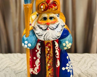 Hand Carved Painted Folk Art Santa Ornament: Artist J Perry, 1997 Wood Figurine