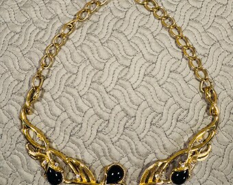 Jose Maria Barrera for Avon Black Lucite Rhinestone Gold Tone Necklace – 1990s Bib Collar
