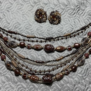 Necklace and Earrings Brown Tone Beads Vintage