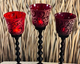 Frosted Red Glass Hurricane Candle Holders With Metal Stem And Base: Set Of 3