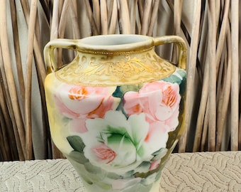Antique Nippon Porcelain Vase Multicolor Floral Design: Green Maple Leaf Back Stamp.