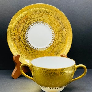 Limoges France Flambeau China: Gold Encrusted Soup Cup and Saucer
