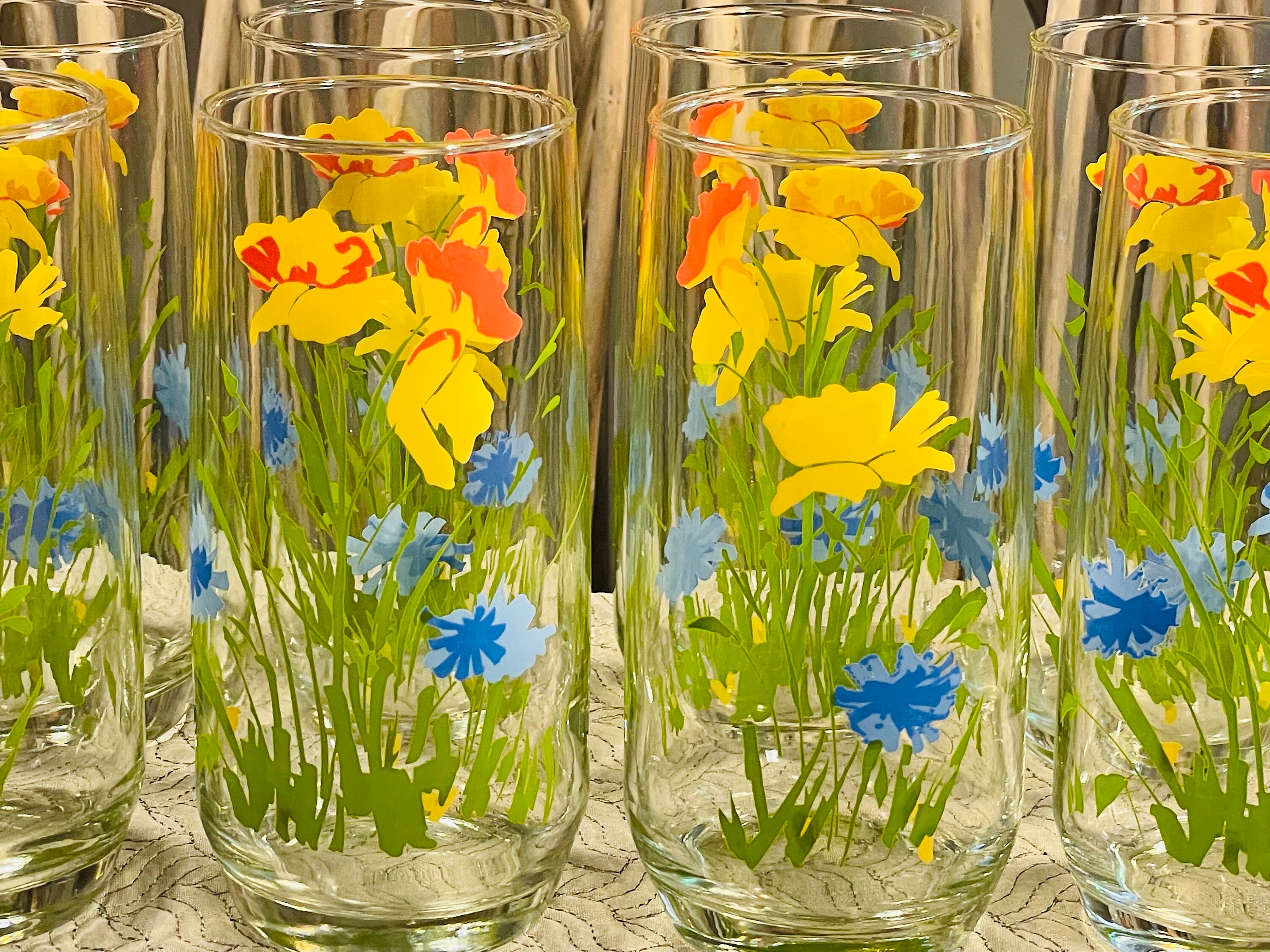 Glass Set by Libby Set of 8 Flowered Orange & Yellow 