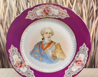 King Louis XV Sevres Style Portrait Porcelain Plate Purple Rim Floral Gilt.