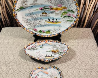 Set of 3 Hand Painted Moriage Dishes, Boat Ride, Cherry Blossom, Mount Fuji, 1950s