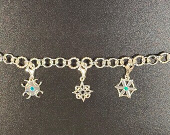 Vintage 925 Sterling Silver Charm Bracelet And 3 Silver Charms 9" With Extender.