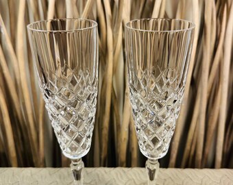 Set of 2 French Crystal Champagne Flutes by Cristal De Flandre – Mid-Century Modern Elegance