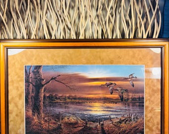 Reflections by Terry Redlin. 18”x25” Including Custom Frame: Textured faux suede Matboard with Glossy Glass in Beautiful Condition.