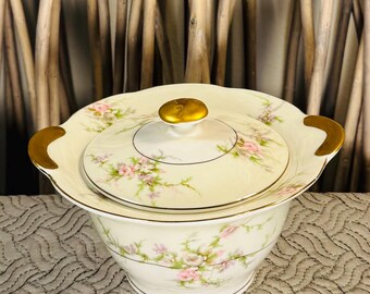Theodore Haviland Rosalinde Floral Covered Suga Bowl, 24kt Gold Rimmed Porcelain