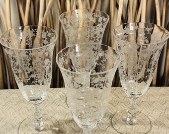 Cambridge Rose Point Crystal Footed Tumblers: Etched Floral Pattern Set