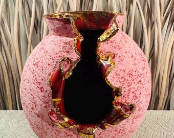 Vintage Exploded Pottery Vase, Pink Red Gold Luster Ribbon Blow Out Studio Art