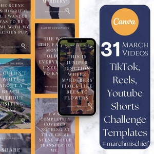 31 TikTok, Reels, YouTube Shorts Canva Video March Mischief Challenge Templates for Cozy Mystery Authors | Writers | Bookstagram | Instagram