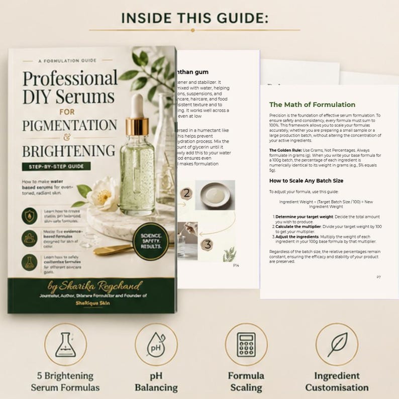 May include: A book titled "Professional DIY Serums for Pigmentation & Brightening" with a dropper bottle and flowers. The guide includes step-by-step instructions, science-backed results, and information on serum formulas, pH balancing, and formula scaling.