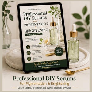 May include: A tablet displays the cover of "Professional DIY Serums for Pigmentation & Brightening." A glass bottle with a dropper sits beside the tablet. The book cover features text and images of serum bottles and leaves.