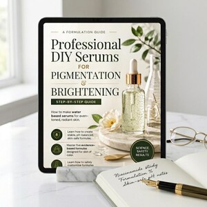 May include: A tablet displays a guide titled "Professional DIY Serums for Pigmentation & Brightening." A glass bottle with a dropper is visible, along with a notebook and pen. The guide promises step-by-step instructions for creating serums.