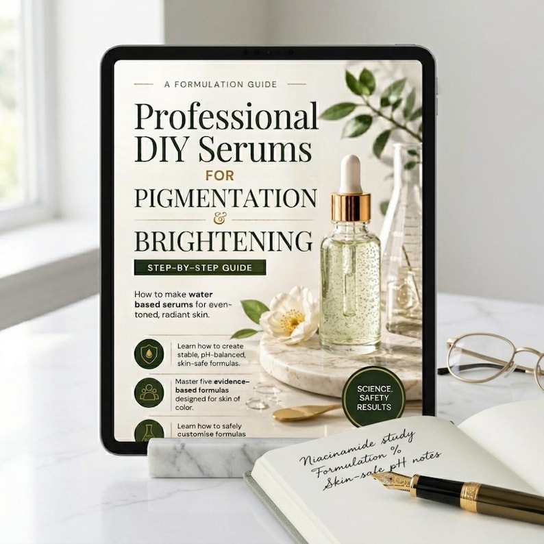 May include: A tablet displays a guide titled "Professional DIY Serums for Pigmentation & Brightening." A glass bottle with a dropper is visible, along with a notebook and pen. The guide promises step-by-step instructions for creating serums.