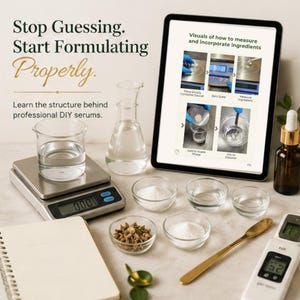 May include: An image showcasing DIY serum formulation. It features a digital scale, beakers, small glass bowls with ingredients, a tablet displaying instructions, and a notebook. The text reads: "Stop Guessing. Start Formulating Properly."