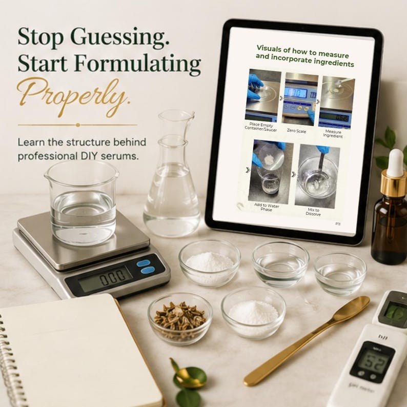 May include: An image showcasing DIY serum formulation. It features a digital scale, beakers, small glass bowls with ingredients, a tablet displaying instructions, and a notebook. The text reads: "Stop Guessing. Start Formulating Properly."