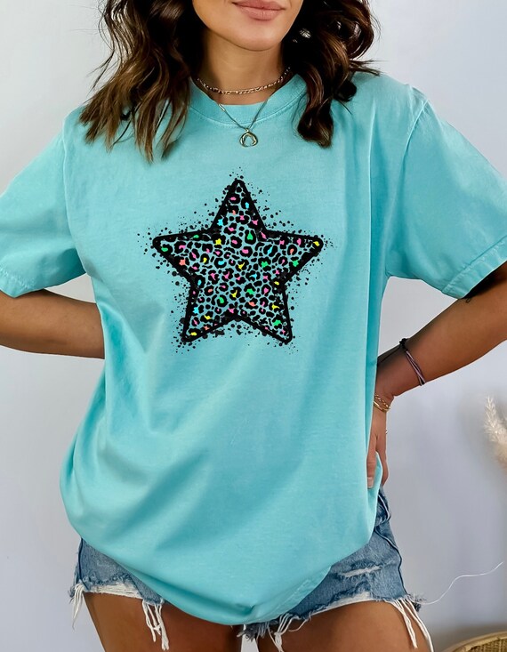 Leopard Print T shirt for Her Star Shirt for Teen Neon Leopard