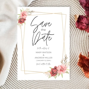 Save the Date Template | Red & Gold with Border | Floral | Wedding Stationary | Instant Download | Canva Template | Editable | DIY