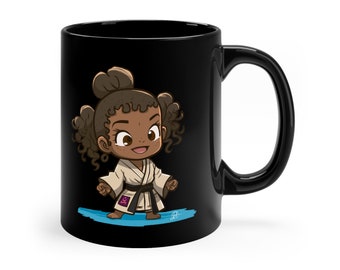 Black Mug - Black Belt JUDO Cute Little Cartoon Girl - Ideal Gift for Martial Arts Lovers - For Coffee - Tea - Hot Chocolate - Milk