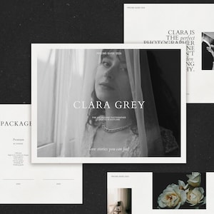 Könnte beinhalten: Eine schwarz-weiße Preisliste für Fotografie mit einem Porträt einer Person mit Schleier, inklusive dem Text CLARA GREY, FINE ART WEDDING PHOTOGRAPHER und love stories you can feel. Enthält Seiten mit Paketdetails und floralen Abbildungen.