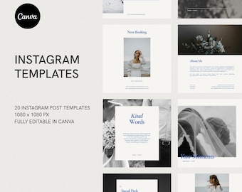 May include: A set of 20 Instagram post templates for photographers, featuring a white background with blue text and images. The templates are fully editable in Canva and are 1080 x 1080 pixels.