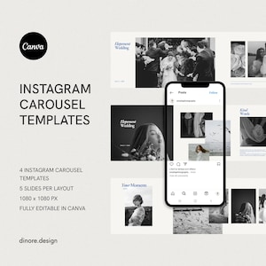 Könnte beinhalten: Werbebild für Instagram-Karussellvorlagen. Das Bild zeigt ein Telefon, das einen Instagram-Beitrag anzeigt, umgeben von Beispiel-Layouts mit Hochzeitsfotos. Der Text enthält "Instagram-Karussellvorlagen", "Vollständig bearbeitbar in Canva" und "dinore.design".