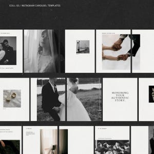 Pode incluir: Uma coleção digital de modelos de carrossel para Instagram com fotografias a preto e branco de cenas de casamento, incluindo retratos, mãos dadas e paisagens, com sobreposições de texto como COLL: 03 e HONORING YOUR AUTHENTIC STORY.