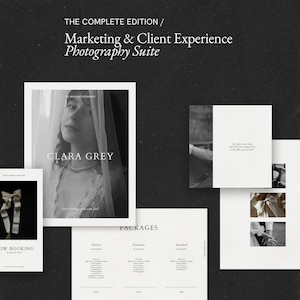 Op de afbeelding: Een marketing- en klantbeleving-set voor fotografie, bestaande uit meerdere gedrukte documenten in zwart-wit. De collectie bevat een voorpagina met de titel The Complete Edition, een bruidsportret en een overzicht van de verschillende pakketprijzen.