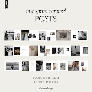 Può includere: Immagine promozionale per post carosello di Instagram. L'immagine presenta una griglia di foto a tema matrimonio in bianco e nero, con il testo "instagram carousel POSTS". L'immagine indica anche "3 LAYOUTS | 10 SLIDES | 30 POST | IN 2 SIZES".
