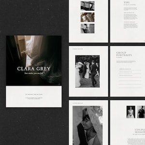May include: A digital wedding timeline guide document featuring black and white photography, serif typography, and structured layouts. The cover displays the text CLARA GREY love stories you can feel and THE WEDDING TIMELINE GUIDE, with interior pages showing group portrait checklists and planning tips.