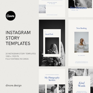 Puede incluir: Un conjunto de 20 plantillas de historias de Instagram para fotógrafos. Las plantillas son totalmente editables en Canva y tienen un tamaño de 1080 x 1920 píxeles. Las plantillas presentan un diseño minimalista con fotos en blanco y negro y texto azul.